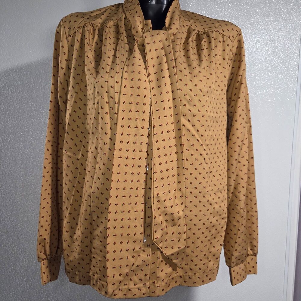 Vintage 1970's Tan Blouse Pussie Bow Neck Like New Condition Made USA Union Tags